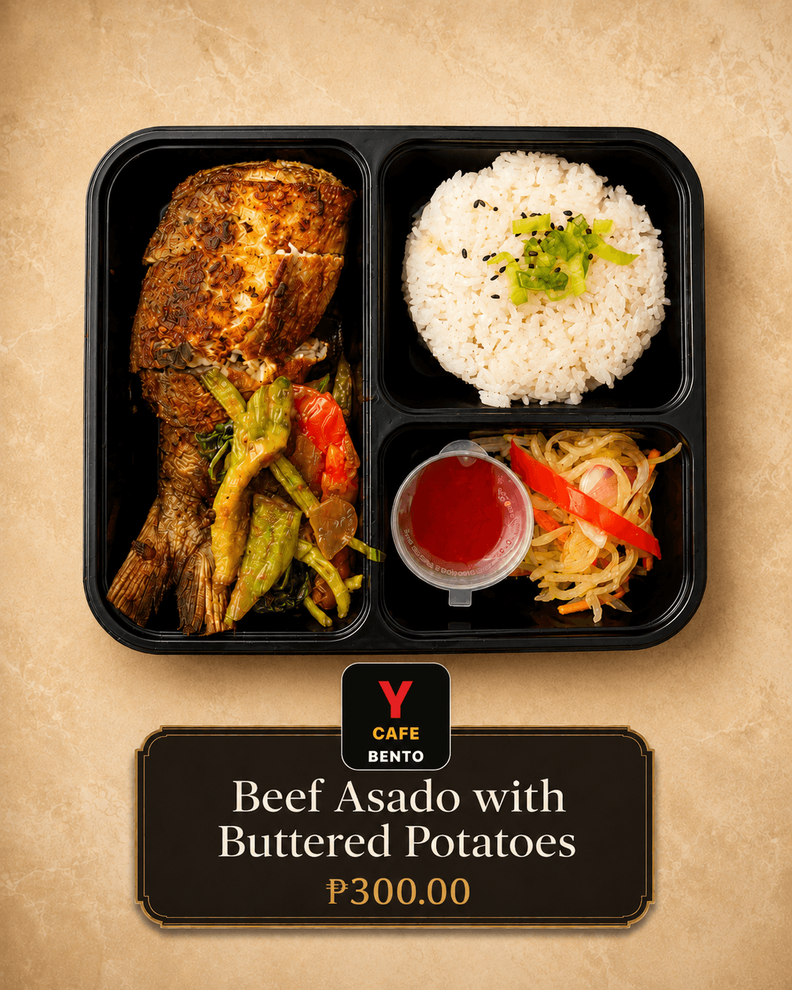 Beef Asado with Buttered Potato Marble Y Cafe Bento menu card