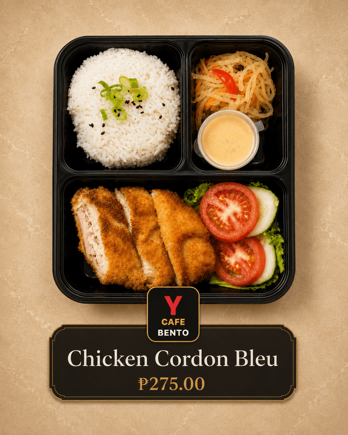 Chicken Cordon Bleu with Cream Sauce Y Cafe Bento menu card