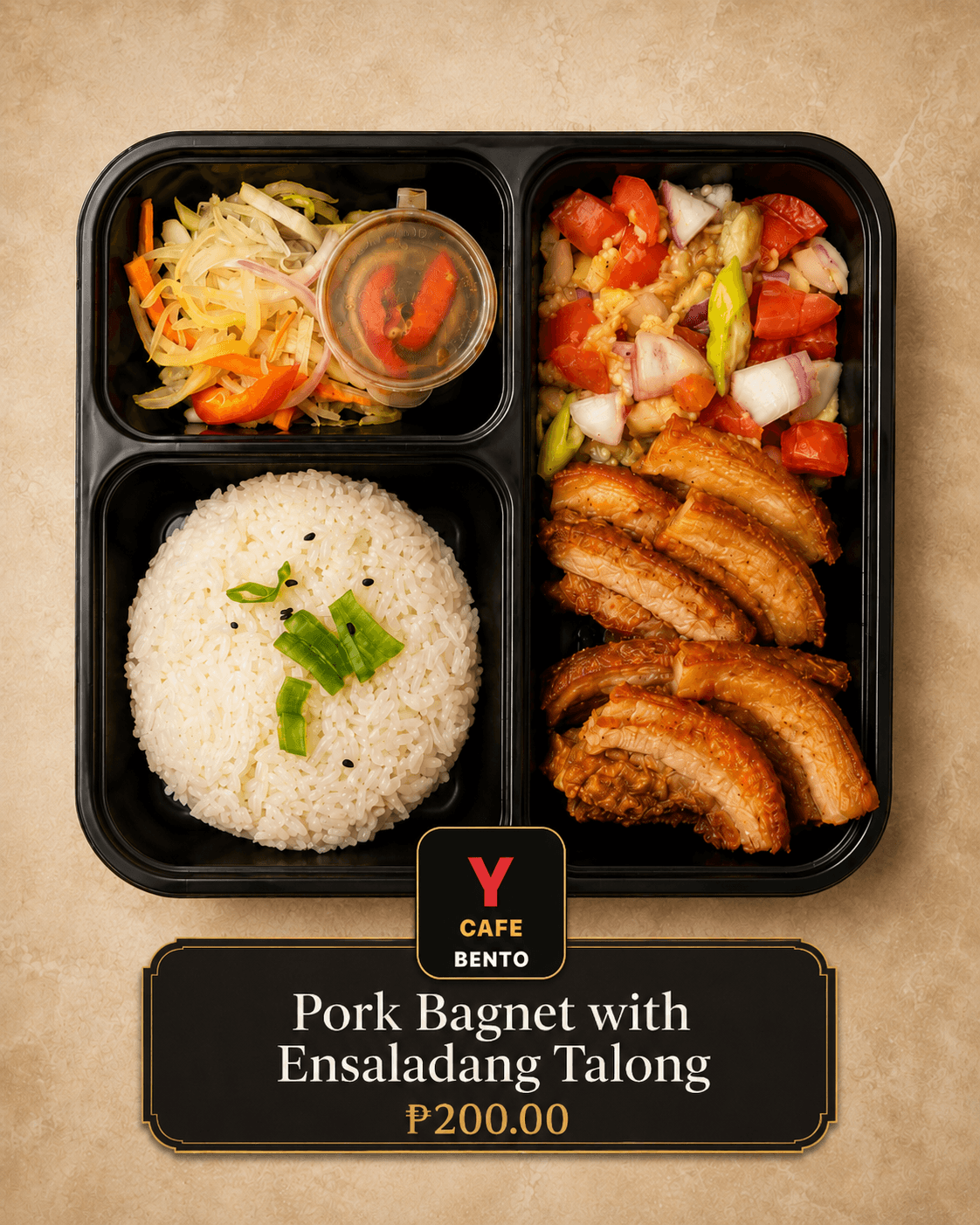 Pork Bagnet with Ensaladang Talong Y Cafe Bento menu card